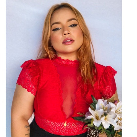 Cropped Angélica Rendado com Tule e Decote em V