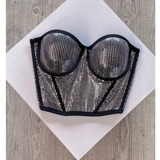Cropped Mony (Brallet Glamour: Sutiã em paetê com bojo e alças removíveis, perfeito para festas).