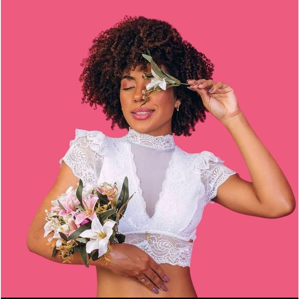Cropped Angélica Rendado com Tule e Decote em V