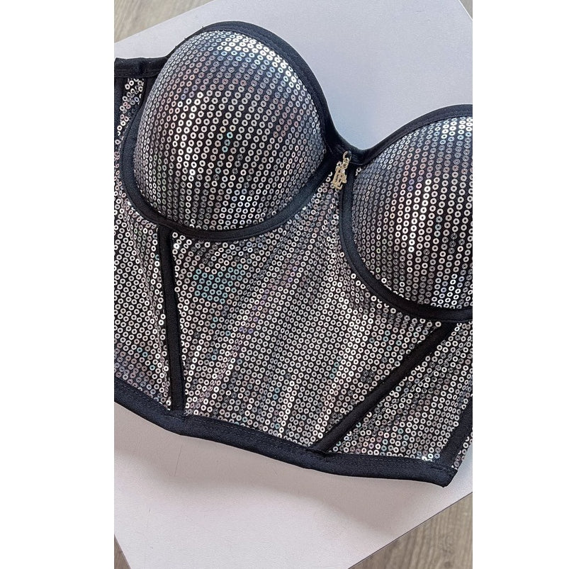 Cropped Mony (Brallet Glamour: Sutiã em paetê com bojo e alças removíveis, perfeito para festas).