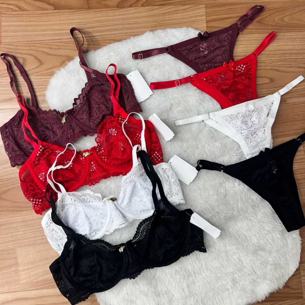 Kit 10 Conjunto Pandora/ Lingerie em renda sem bojo com aro, alças reguláveis e calcinha fio - diversas cores e tamanhos