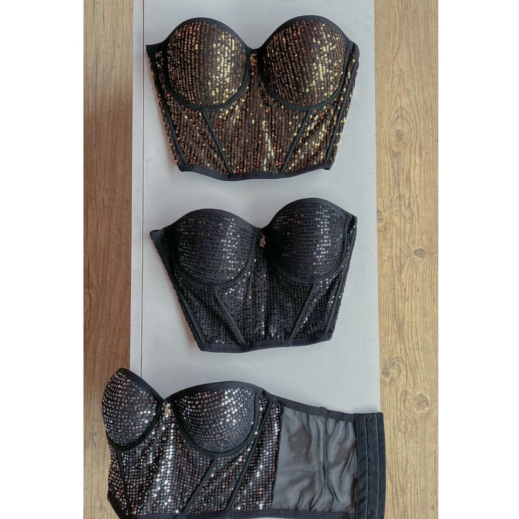 Cropped Mony (Brallet Glamour: Sutiã em paetê com bojo e alças removíveis, perfeito para festas).