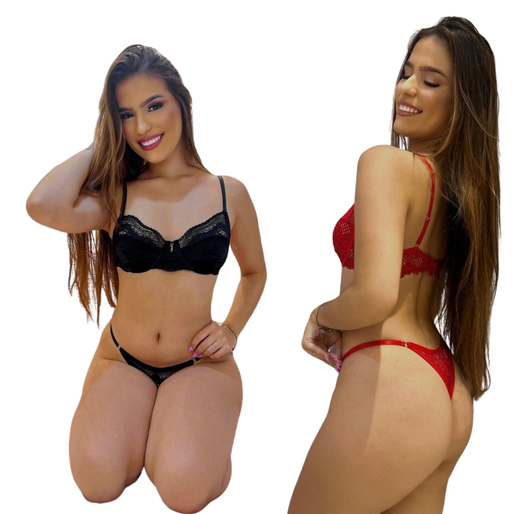 Kit 4 Conjunto Pandora/ Lingerie em renda sem bojo com aro, alças reguláveis e calcinha fio