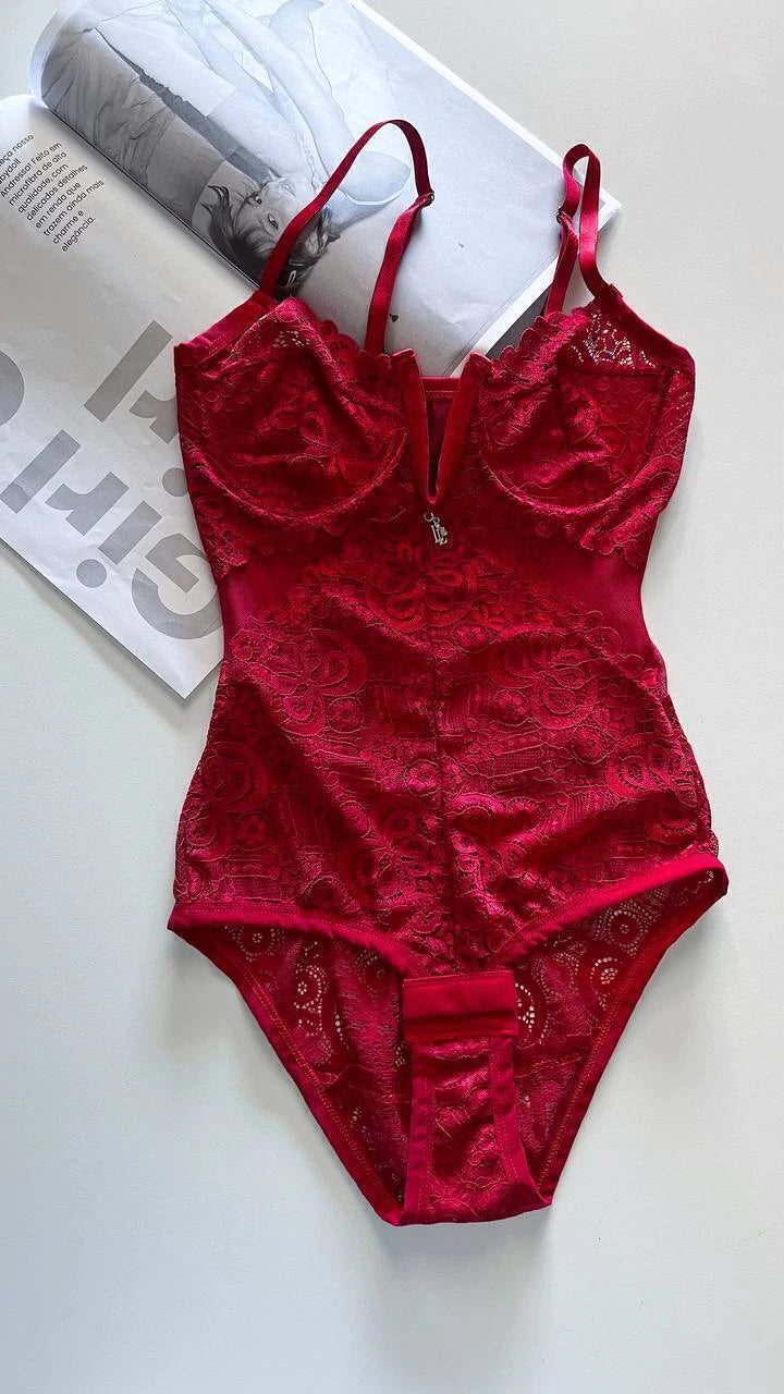 Body Jade em Renda com Decote em V e Abertura Inferior